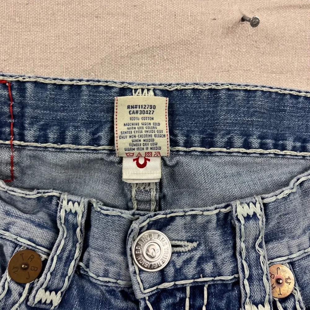 True Religion Joey‎ Super T Jeans Mens 36 Blue Distressed Flare Twisted Seam Low